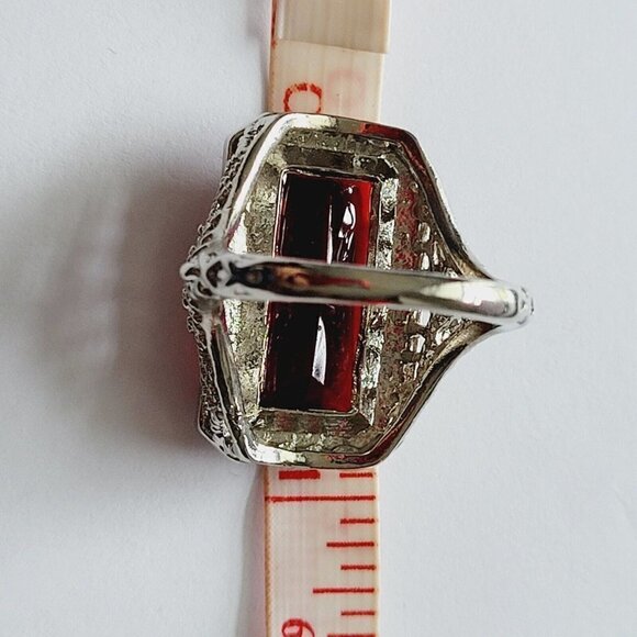 Emerald Cut Red Glass Filigree Ring Sz 7.75 Vintage New Old Stock Silver Tone - Picture 11 of 11